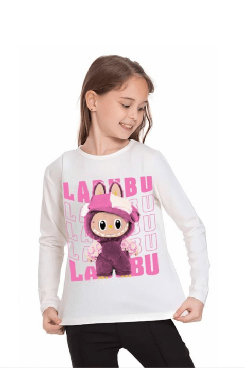 Детска блуза за момиче с дълъг ръкав, цвят екрю