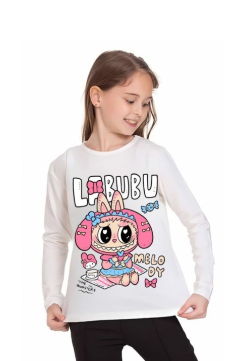 Детска блуза за момиче с дълъг ръкав, цвят екрю