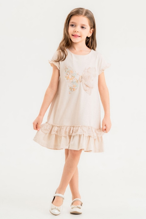 Детска рокля с къс ръкав, светло бежов цвят 