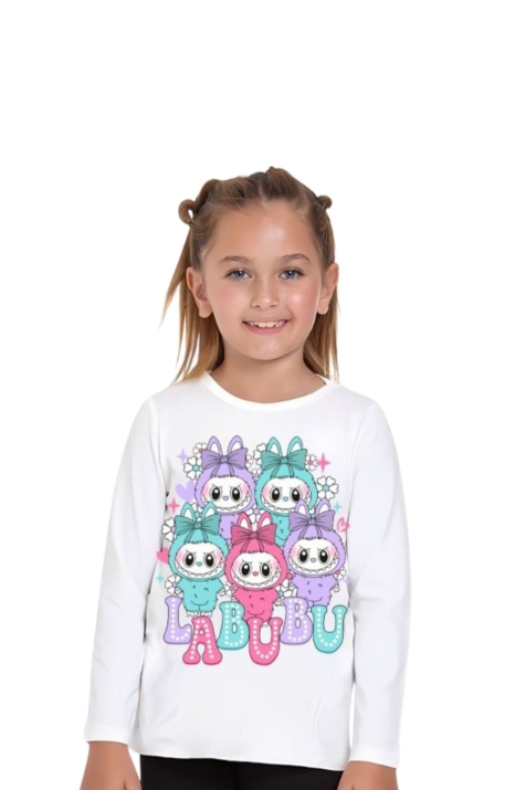 Детска блуза за момиче с дълъг ръкав, цвят екрю