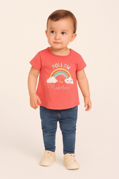 Бебешка тениска момиче с дъга, цвят корал
