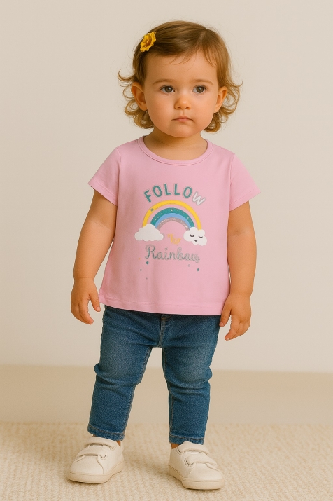 Бебешка тениска момиче с дъга, розов цвят