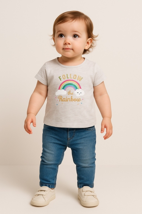 Бебешка тениска момиче с дъга, сив цвят