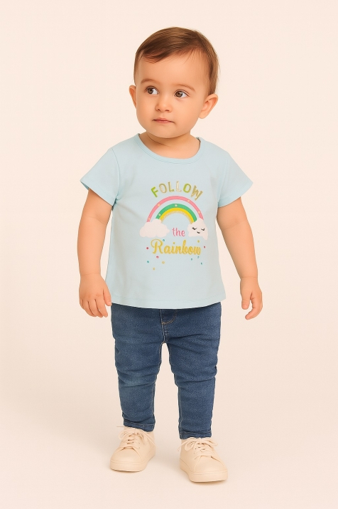 Бебешка тениска момиче с дъга, син цвят