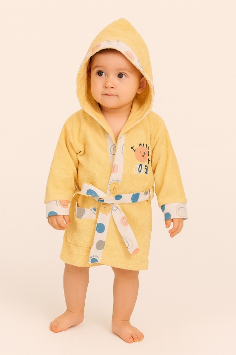 Детски халат за баня с коланче, жълт цвят 