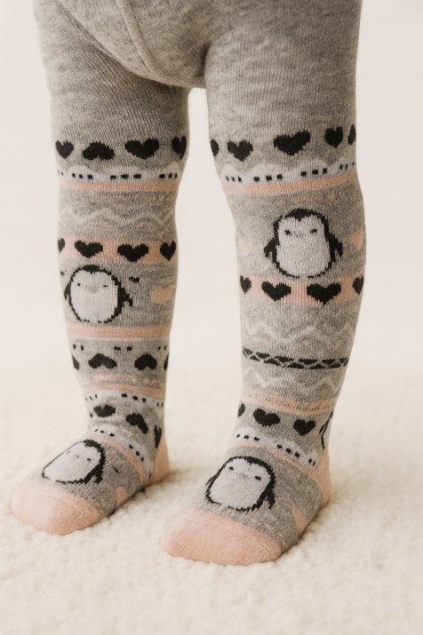 Бебешки чорапогащник момиче с пингвинчета, сив цвят