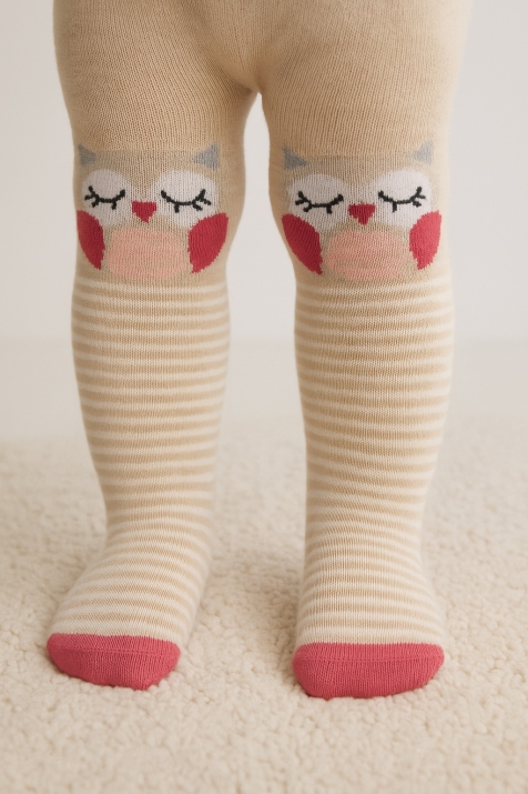 Бебешки чорапогащник момиче с бухал, бежов цвят