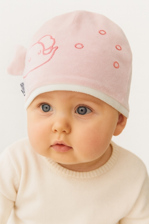 Бебешка шапка със слонче, розов цвят