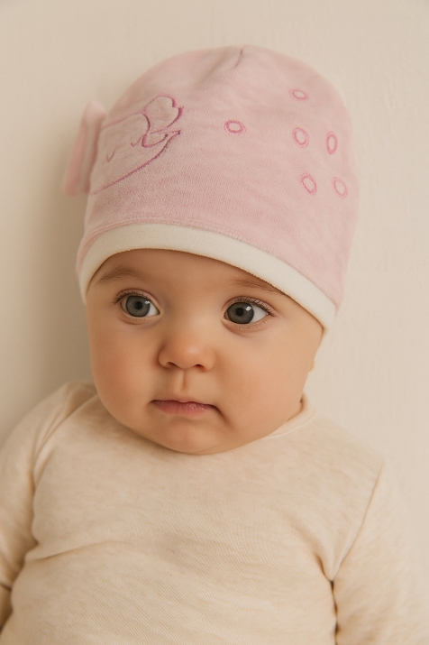 Бебешка шапка със слонче, розов цвят
