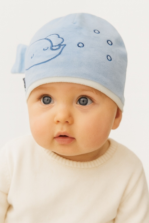 Бебешка шапка със слонче, син цвят