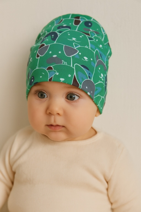 Бебешка шапка с кученца, зелен цвят
