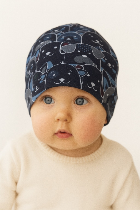 Бебешка шапка с кученца, тъмно син цвят