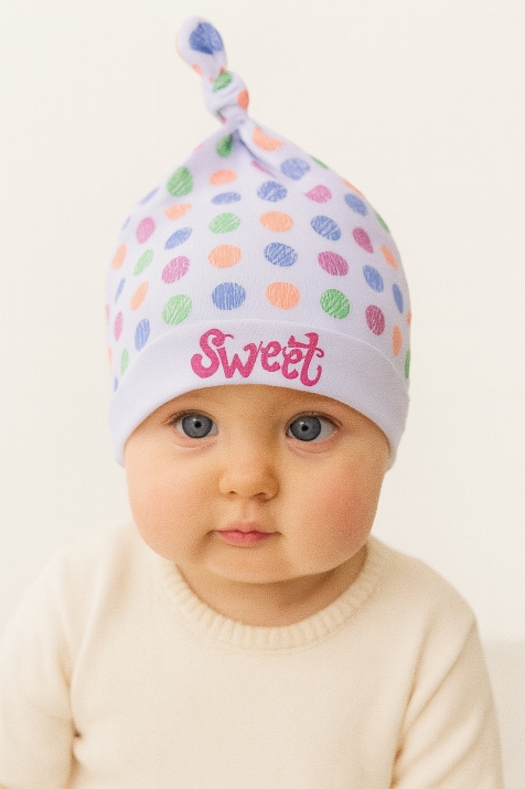 Бебешка шапка момиче на точки, бял цвят