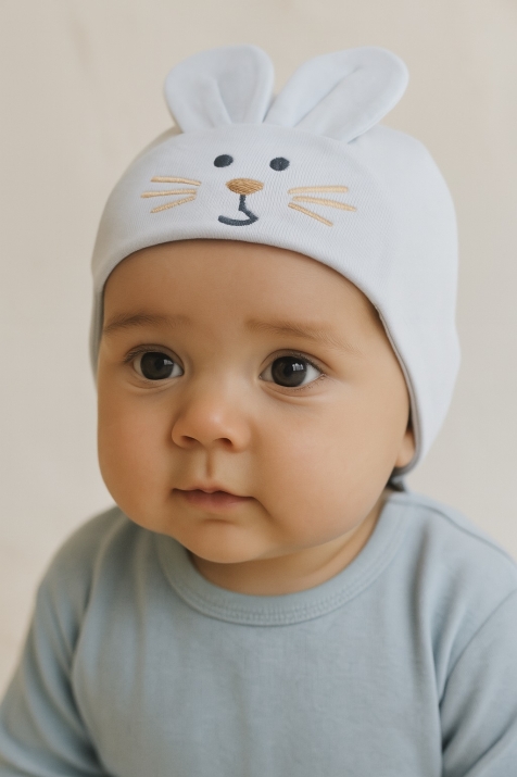 Бебешка шапка със зайче, бял цвят