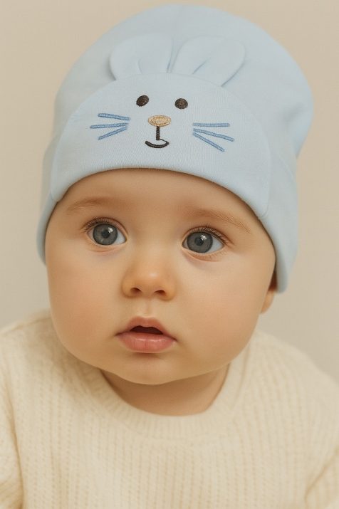 Бебешка шапка със зайче, син цвят
