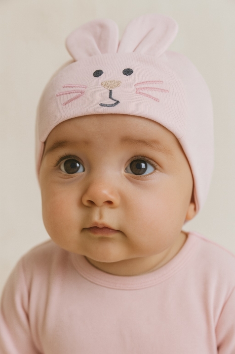 Бебешка шапка със зайче, розов цвят