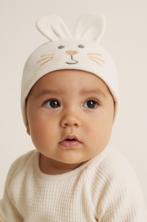 Бебешка шапка със зайче, цвят екрю