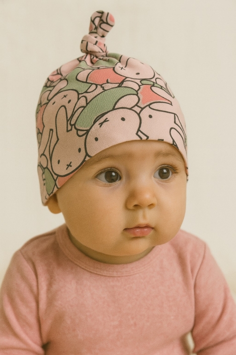 Бебешка шапка със зайчета, розов цвят
