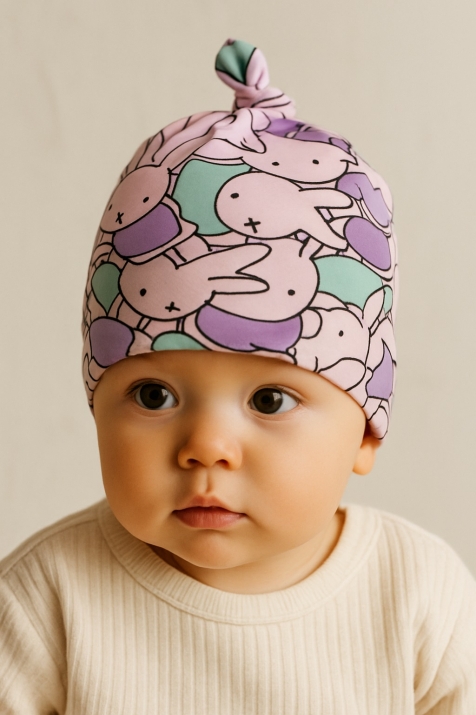 Бебешка шапка със зайчета, лилав цвят
