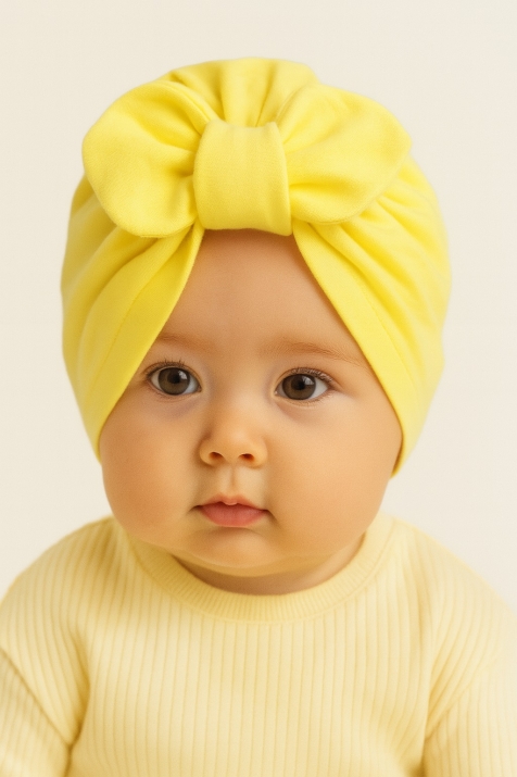 Бебешка шапка момиче с панделка, жълт цвят