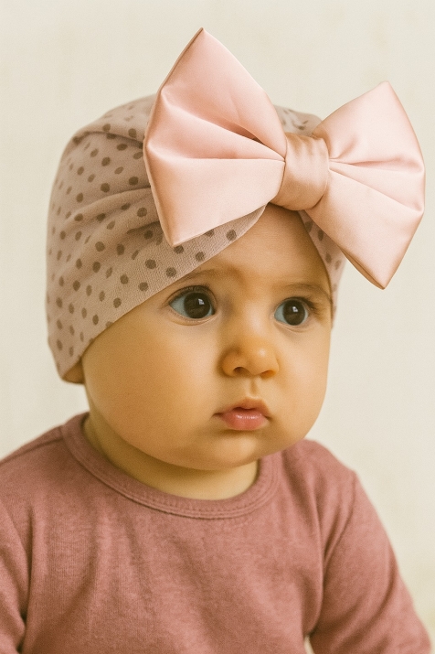 Бебешка шапка момиче с панделка, розов цвят