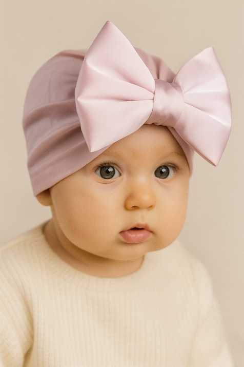 Бебешка шапка момиче с панделка, розов цвят