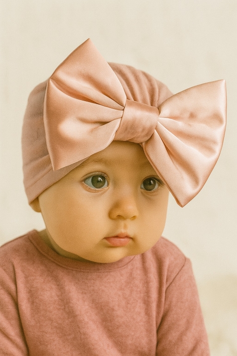 Бебешка шапка момиче с панделка, розов цвят