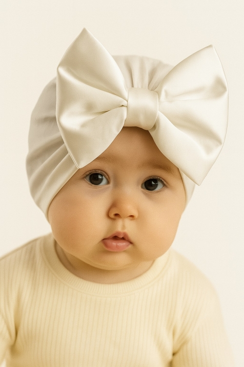Бебешка шапка момиче с панделка, цвят екрю