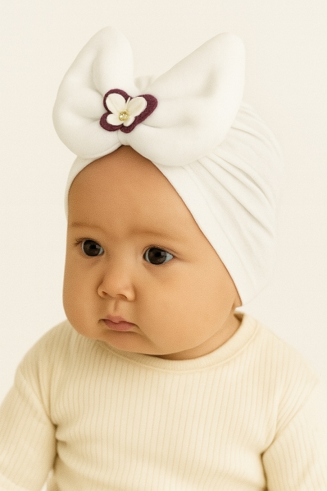 Бебешка шапка Butterfly, бял цвят