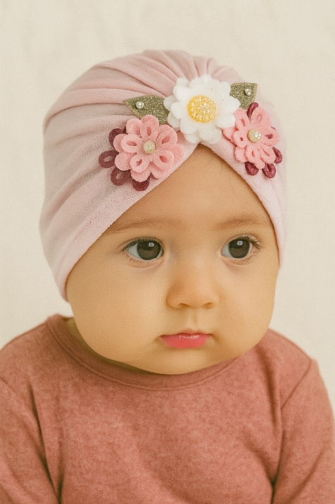 Бебешка шапка Flowers розов цвят