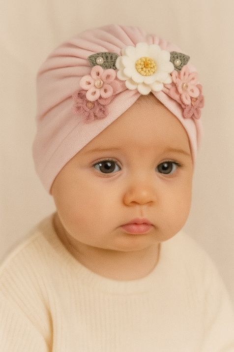Бебешка шапка Flowers, светло розов цвят