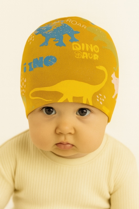 Бебешка шапка момче с динозаври, жълт цвят