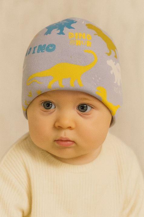 Бебешка шапка момче с динозаври, сив цвят