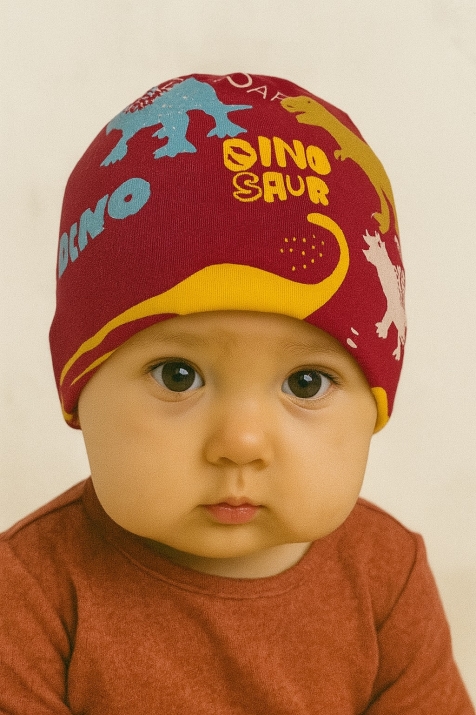 Бебешка шапка момче с динозаври, червен цвят