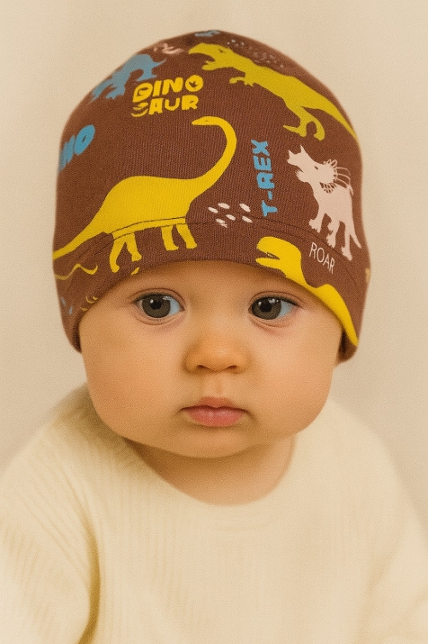 Бебешка шапка момче с динозаври, кафяв цвят