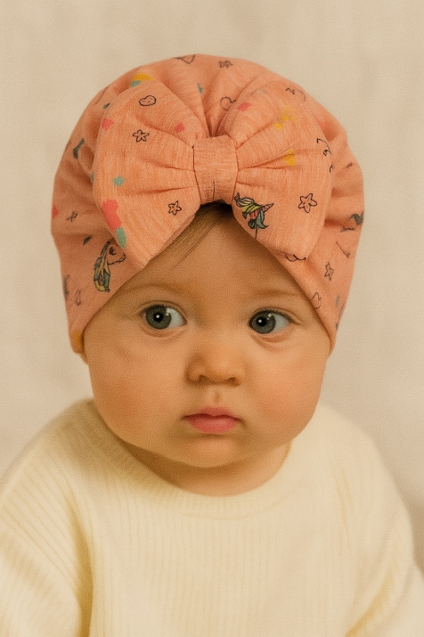 Бебешка шапка момиче с еднорог, розов цвят