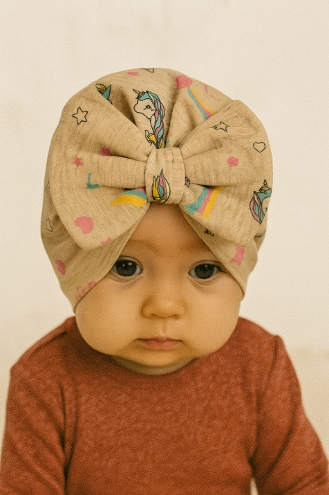 Бебешка шапка момиче с еднорог, бежов цвят