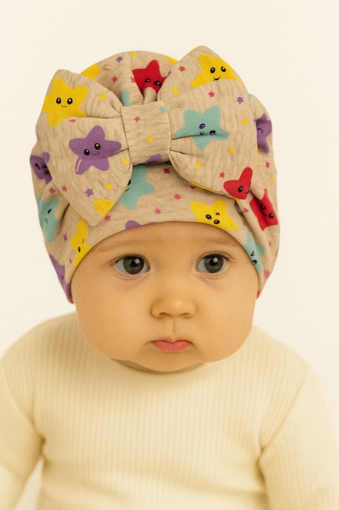 Бебешка шапка момиче със звездички, бежов цвят