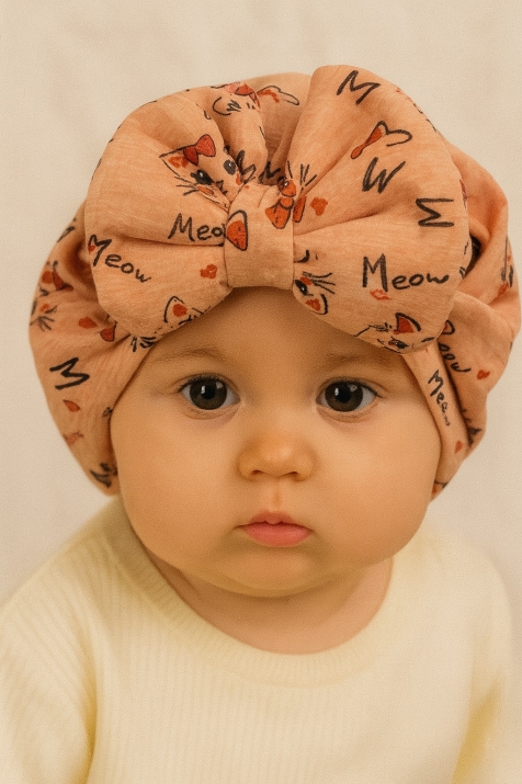 Бебешка шапка момиче с котенца, розов цвят