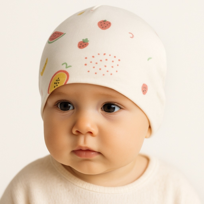 Бебешка шапка с плодчета, бежов цвят