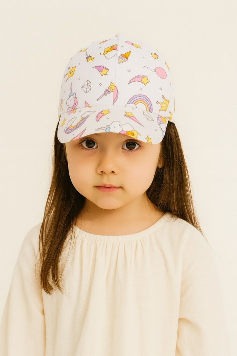 Детска шапка момиче с еднорог, бял цвят