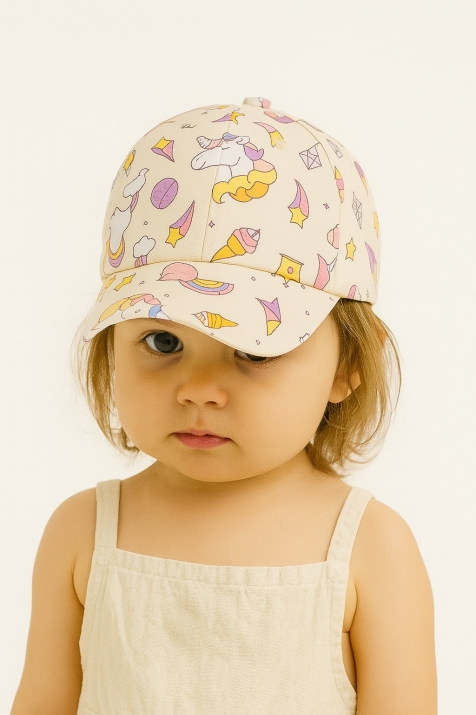 Детска шапка момиче с еднорог, жълт цвят