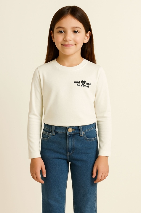 Детска блуза за момиче с дълъг ръкав, цвят екрю 