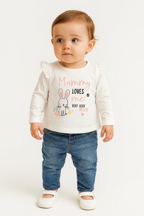 Детска блуза момиче с дълъг ръкав, цвят екрю