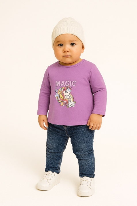 Бебешка блуза момиче дълъг ръкав с еднорог, лилав цвят