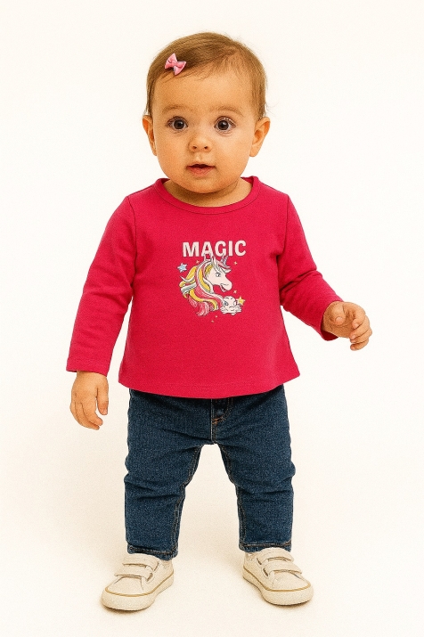 Бебешка блуза момиче дълъг ръкав с еднорог, цикламен цвят