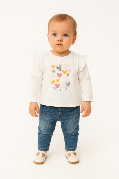 Детска блуза момиче дълъг ръкав със сърчица, цвят екрю