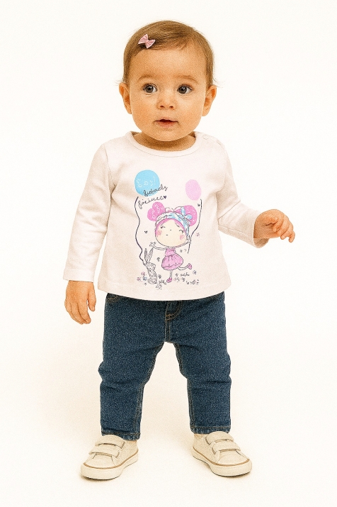 Детска блуза момиче дълъг ръкав с картинка, бял цвят