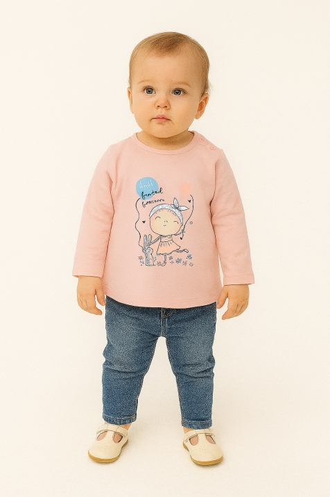 Детска блуза момиче дълъг ръкав с картинка, розов цвят