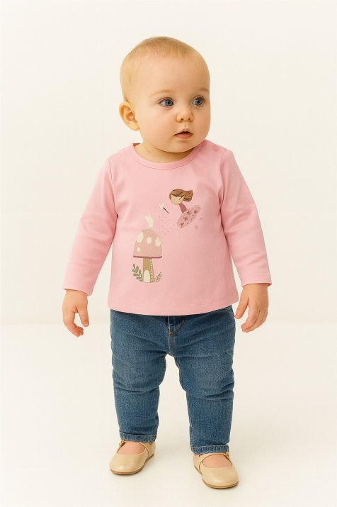 Детска блуза момиче дълъг ръкав с картинка, розов цвят